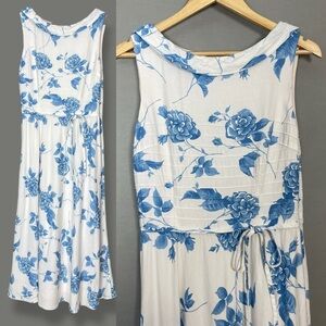 Cynthia Howie Floral Dress Linen Rayon Sleeveless White Blue Tie Waist Retro 10‎